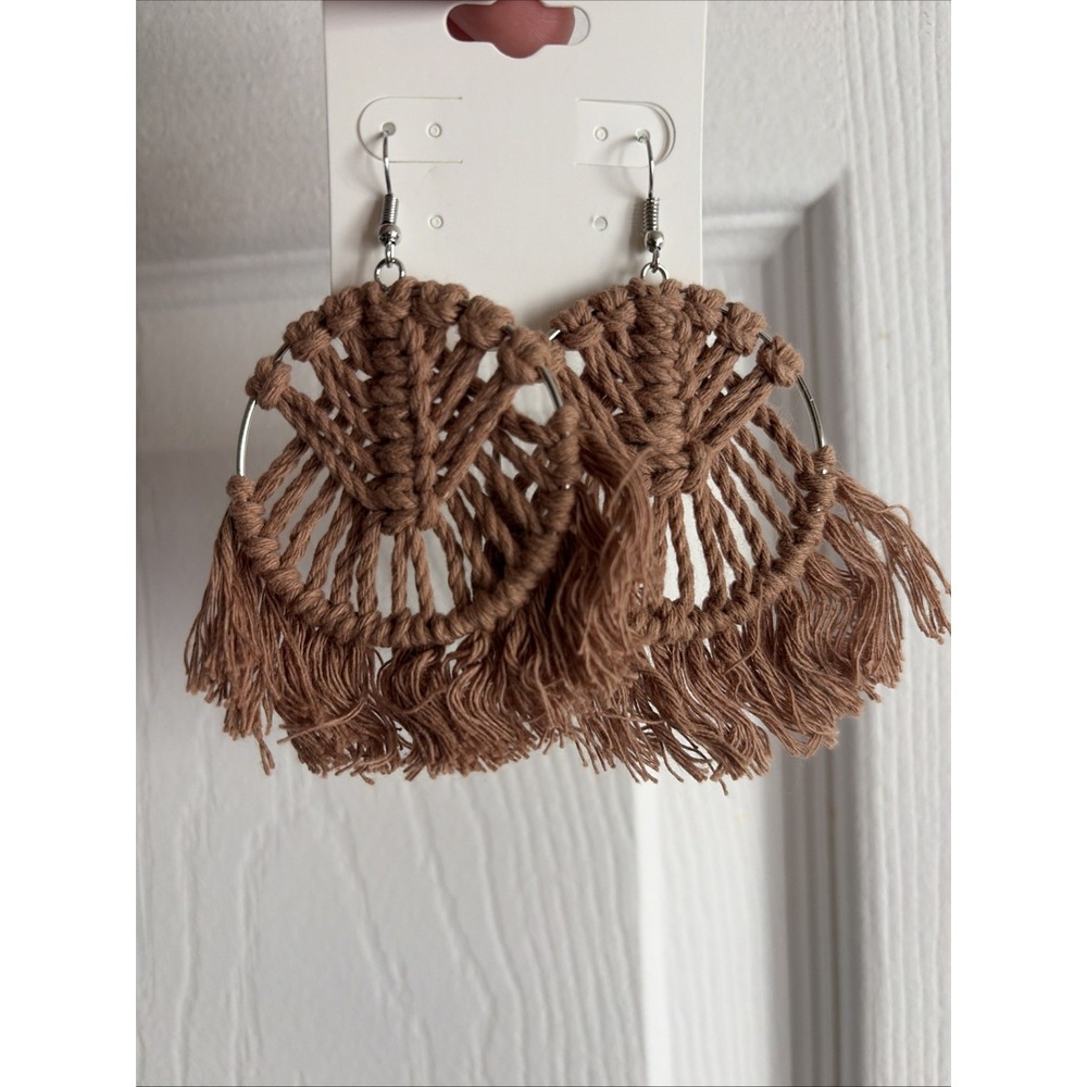 Macrame Hoop Earrings Womens OS Brown Boho Festival Fringe Cotton